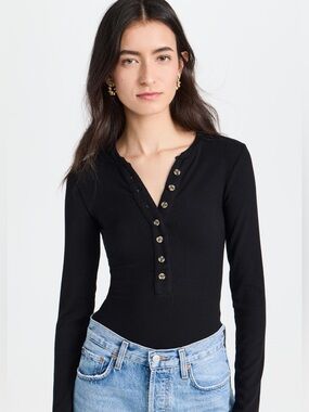 Ambitionist Button Up Ribbed Henley Thong Bodysuit - L